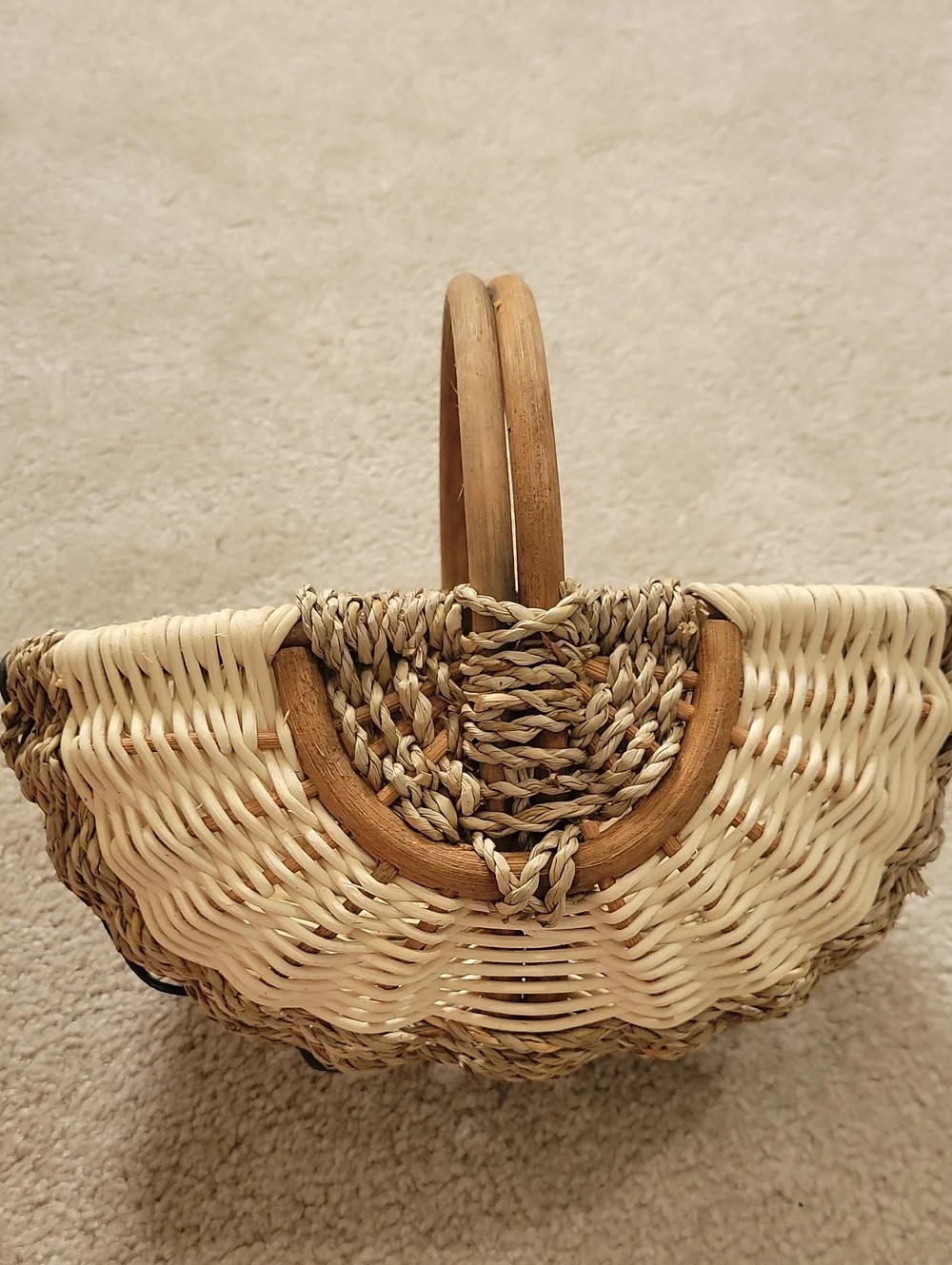 Handwoven Natural and Black Wicker Basket with Wooden Handles